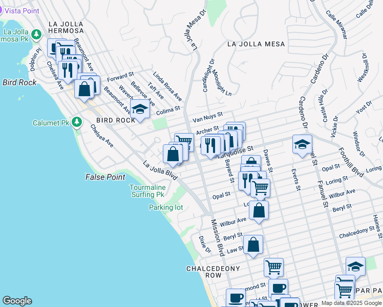 map of restaurants, bars, coffee shops, grocery stores, and more near 765 Agate Street in San Diego