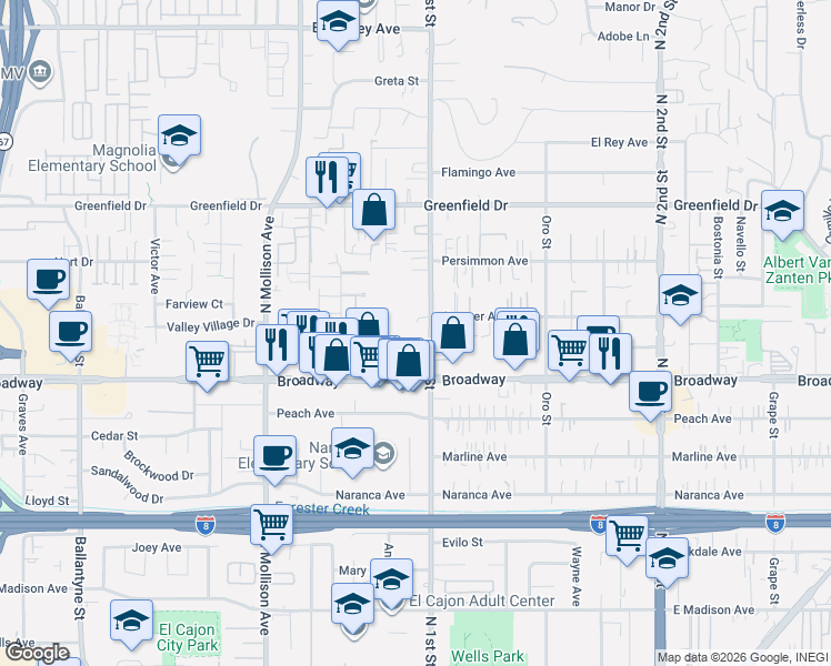 map of restaurants, bars, coffee shops, grocery stores, and more near 1017 North 1st Street in El Cajon