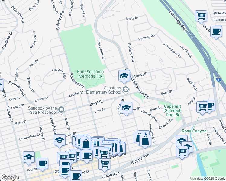 map of restaurants, bars, coffee shops, grocery stores, and more near 4961 Academy Street in San Diego