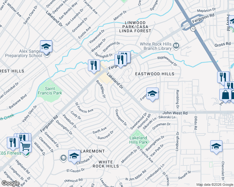 map of restaurants, bars, coffee shops, grocery stores, and more near 8539 Bretshire Drive in Dallas