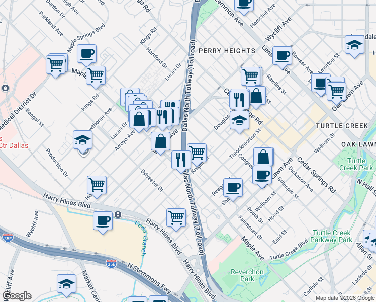 map of restaurants, bars, coffee shops, grocery stores, and more near 2627 Douglas Avenue in Dallas