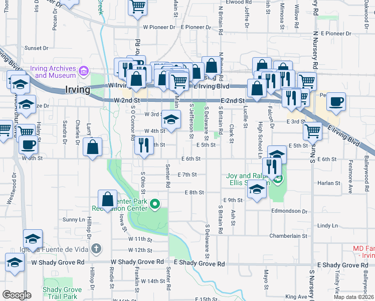 map of restaurants, bars, coffee shops, grocery stores, and more near 503 South Jefferson Street in Irving