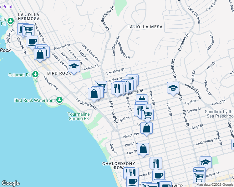 map of restaurants, bars, coffee shops, grocery stores, and more near 873 Agate Street in San Diego