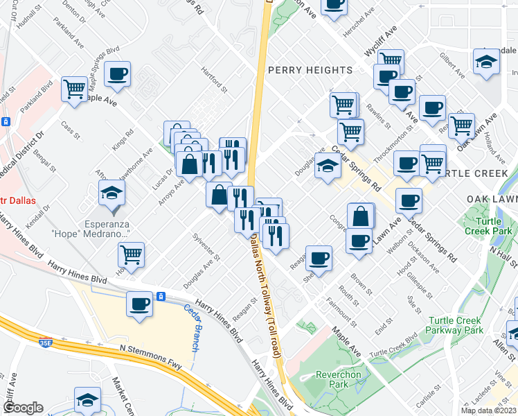 map of restaurants, bars, coffee shops, grocery stores, and more near 2627 Douglas Avenue in Dallas