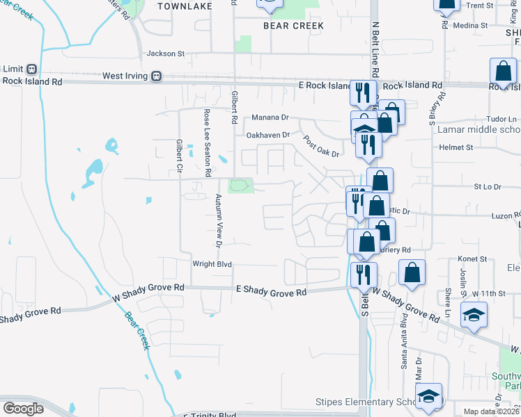 map of restaurants, bars, coffee shops, grocery stores, and more near 3716 Royal Coach Lane in Irving