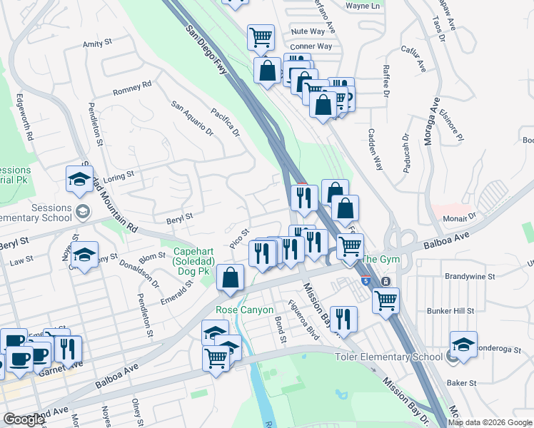 map of restaurants, bars, coffee shops, grocery stores, and more near Bluffside Ave & Bella Pacific Row in San Diego