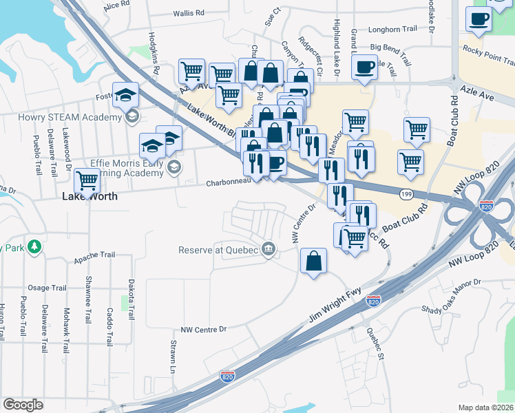 map of restaurants, bars, coffee shops, grocery stores, and more near 6600 Charbonneau Road in Fort Worth