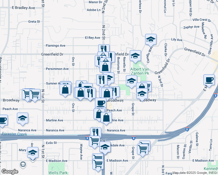 map of restaurants, bars, coffee shops, grocery stores, and more near 1025 North 2nd Street in El Cajon