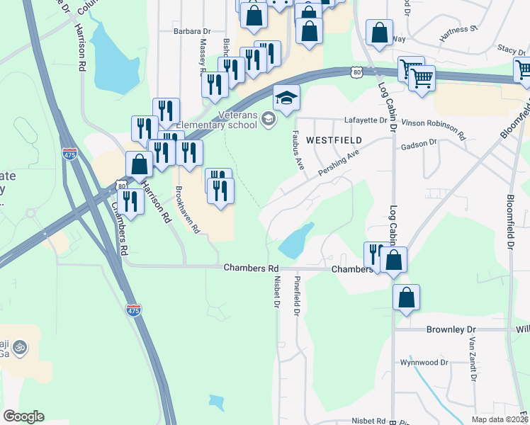 map of restaurants, bars, coffee shops, grocery stores, and more near 4356 Pershing Avenue in Macon