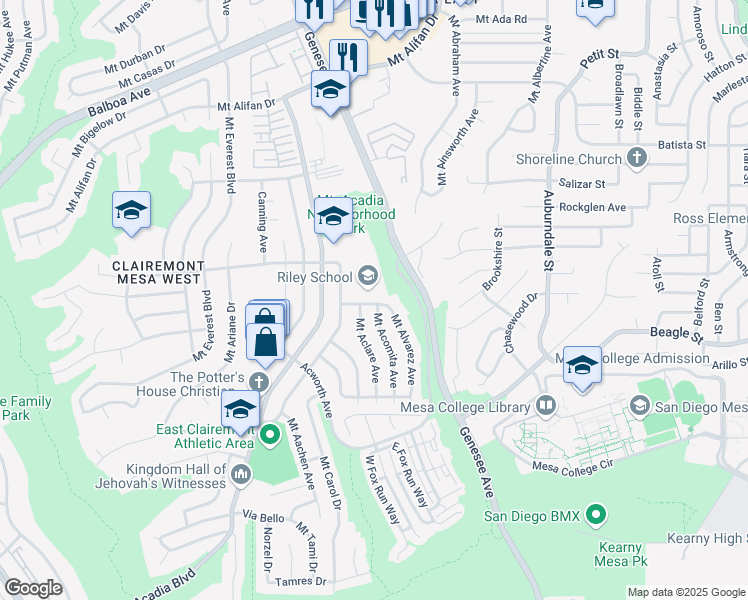 map of restaurants, bars, coffee shops, grocery stores, and more near 5650 Mount Ackerly Drive in San Diego