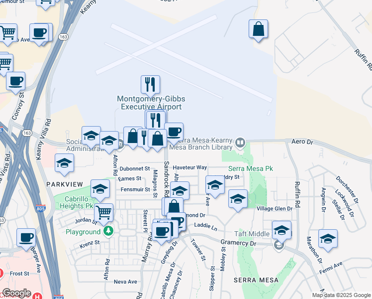 map of restaurants, bars, coffee shops, grocery stores, and more near 8825 Aero Drive in San Diego