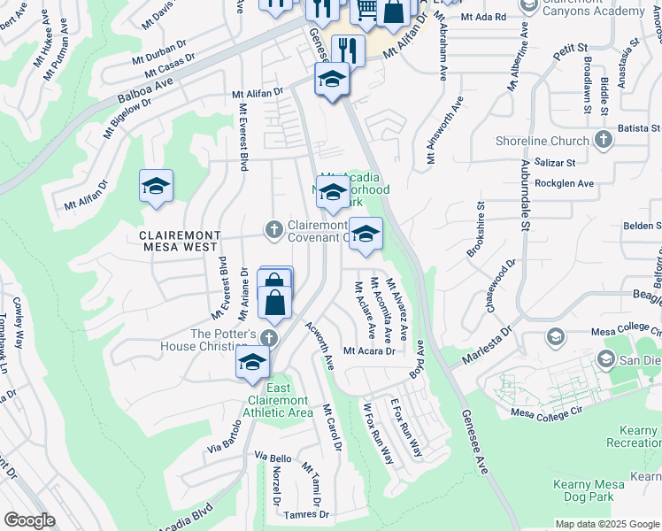 map of restaurants, bars, coffee shops, grocery stores, and more near 3721 Mount Acadia Boulevard in San Diego