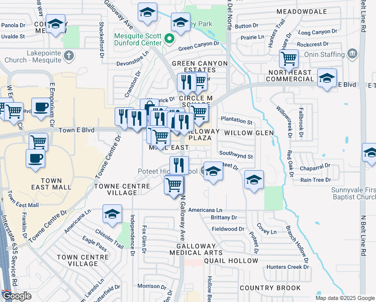 map of restaurants, bars, coffee shops, grocery stores, and more near 3236 North Galloway Avenue in Mesquite