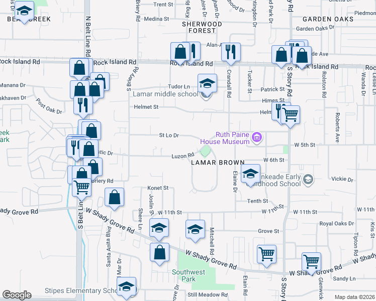 map of restaurants, bars, coffee shops, grocery stores, and more near 3013 Luzon Road in Irving