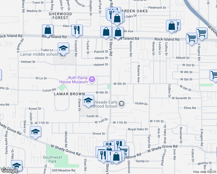 map of restaurants, bars, coffee shops, grocery stores, and more near 505 South Story Road in Irving