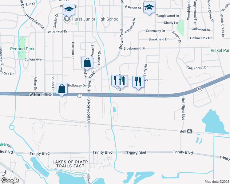 map of restaurants, bars, coffee shops, grocery stores, and more near 309 East Hurst Boulevard in Hurst