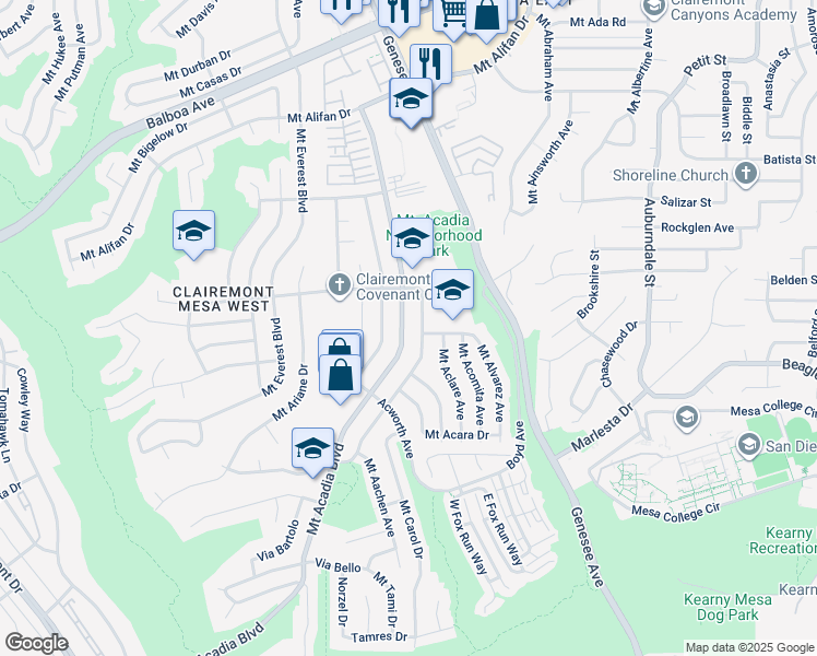 map of restaurants, bars, coffee shops, grocery stores, and more near 3721 Mount Acadia Boulevard in San Diego