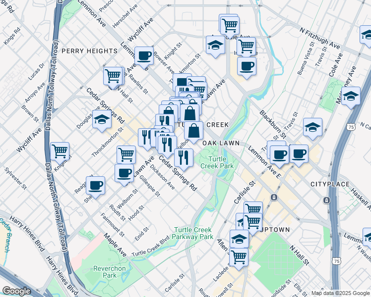 map of restaurants, bars, coffee shops, grocery stores, and more near 3626 North Hall Street in Dallas
