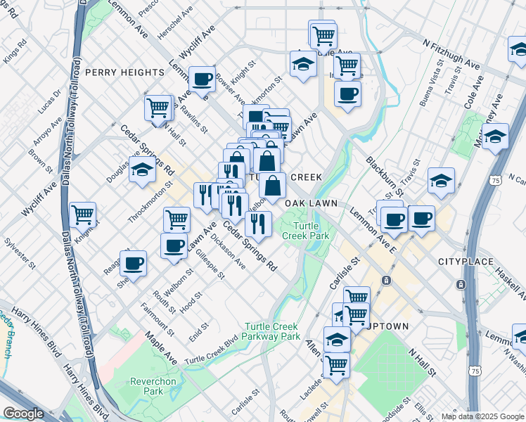 map of restaurants, bars, coffee shops, grocery stores, and more near 3626 North Hall Street in Dallas