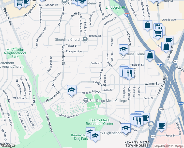 map of restaurants, bars, coffee shops, grocery stores, and more near 7112 Malta Street in San Diego