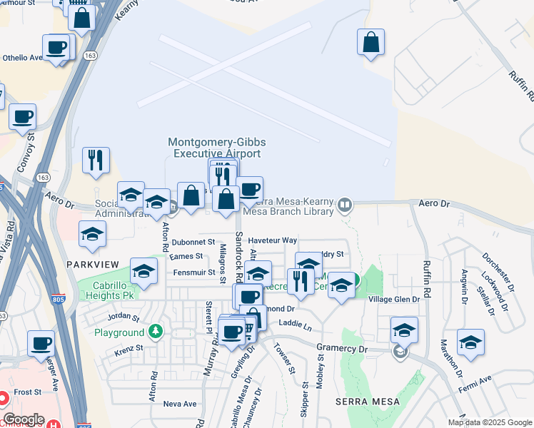 map of restaurants, bars, coffee shops, grocery stores, and more near 8825 Aero Dr in San Diego