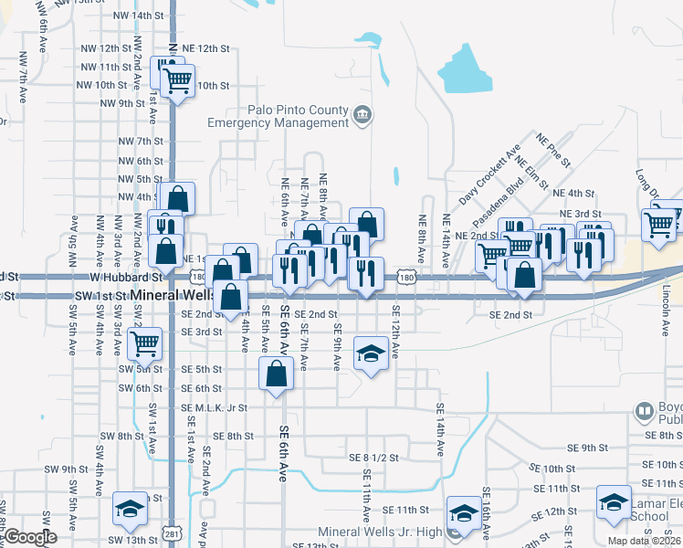 map of restaurants, bars, coffee shops, grocery stores, and more near 1001 East Hubbard Street in Mineral Wells