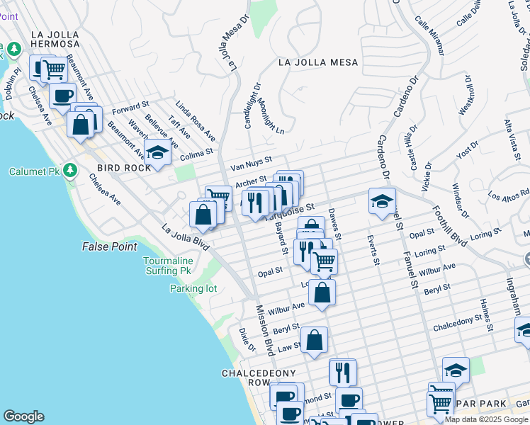 map of restaurants, bars, coffee shops, grocery stores, and more near 888 Turquoise Street in San Diego