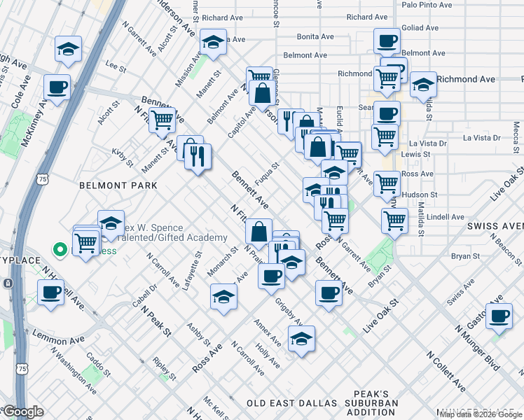 map of restaurants, bars, coffee shops, grocery stores, and more near 1945 Bennett Avenue in Dallas