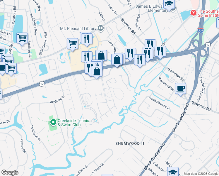 map of restaurants, bars, coffee shops, grocery stores, and more near 1044 Village Creek Lane in Mount Pleasant