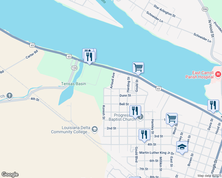 map of restaurants, bars, coffee shops, grocery stores, and more near Artaud Avenue in Lake Providence