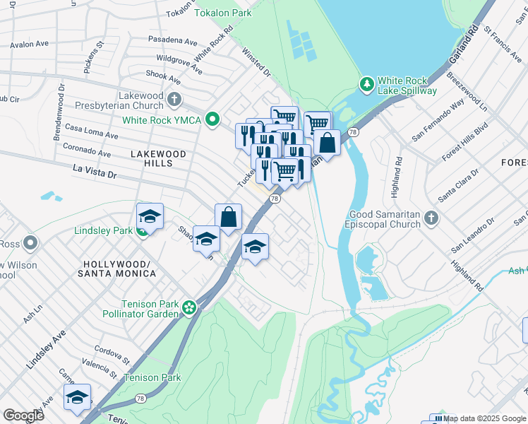 map of restaurants, bars, coffee shops, grocery stores, and more near 7446 East Grand Avenue in Dallas