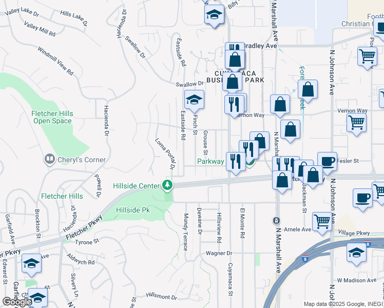 map of restaurants, bars, coffee shops, grocery stores, and more near 1068 Finch Street in El Cajon