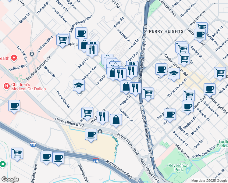 map of restaurants, bars, coffee shops, grocery stores, and more near 2427 Hondo Avenue in Dallas