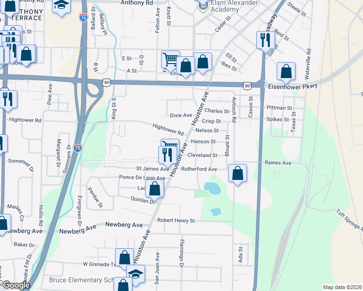 map of restaurants, bars, coffee shops, grocery stores, and more near 2827 Houston Avenue in Macon