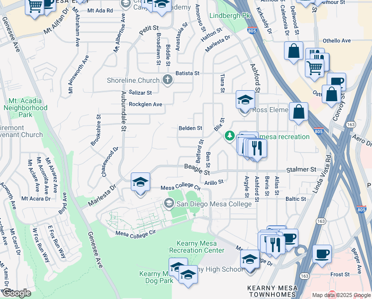 map of restaurants, bars, coffee shops, grocery stores, and more near 7131 Malta Street in San Diego