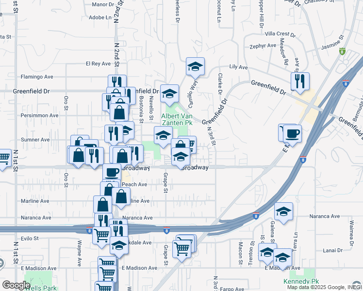 map of restaurants, bars, coffee shops, grocery stores, and more near 1050 Coleen Court in El Cajon