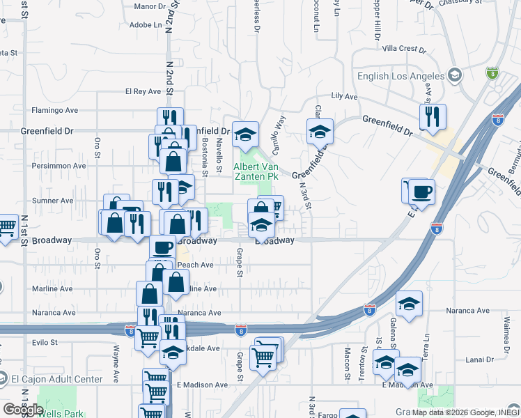 map of restaurants, bars, coffee shops, grocery stores, and more near 1050 Coleen Court in El Cajon