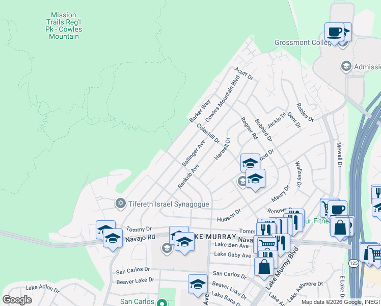 map of restaurants, bars, coffee shops, grocery stores, and more near 6965 Cowles Mountain Boulevard in San Diego