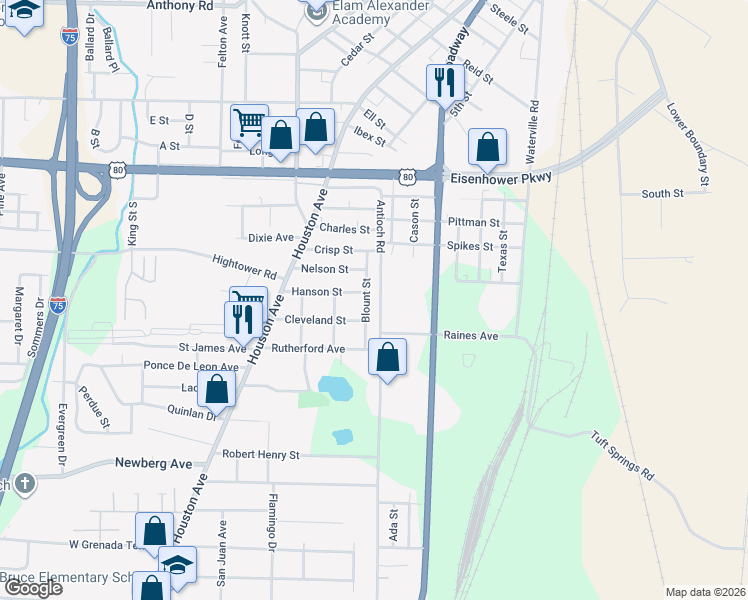 map of restaurants, bars, coffee shops, grocery stores, and more near 2806 Blount Street in Macon