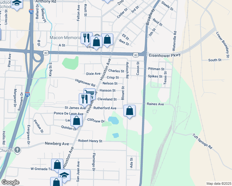 map of restaurants, bars, coffee shops, grocery stores, and more near 548 Hanson Street in Macon