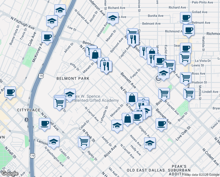 map of restaurants, bars, coffee shops, grocery stores, and more near 4808 Deere Street in Dallas