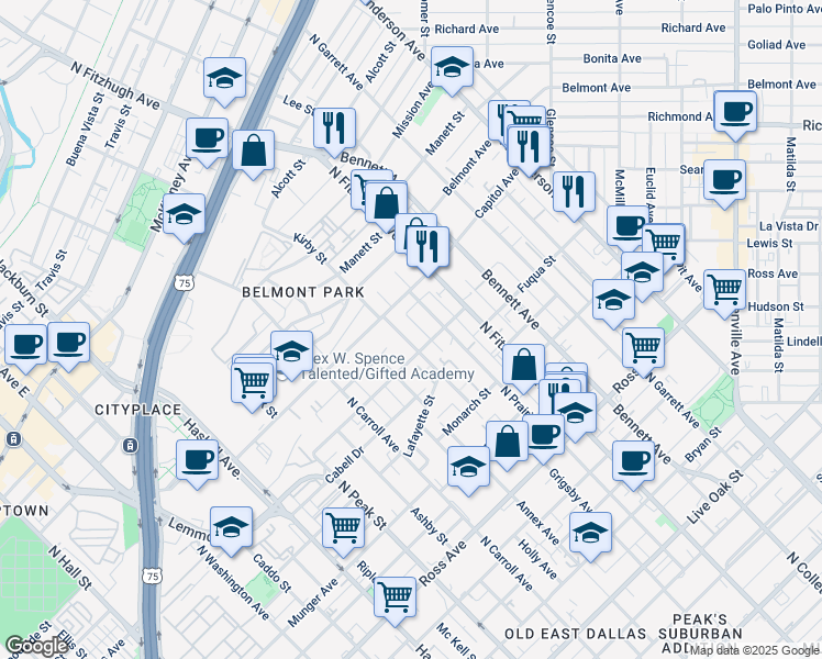 map of restaurants, bars, coffee shops, grocery stores, and more near 2324 Kirby Street in Dallas