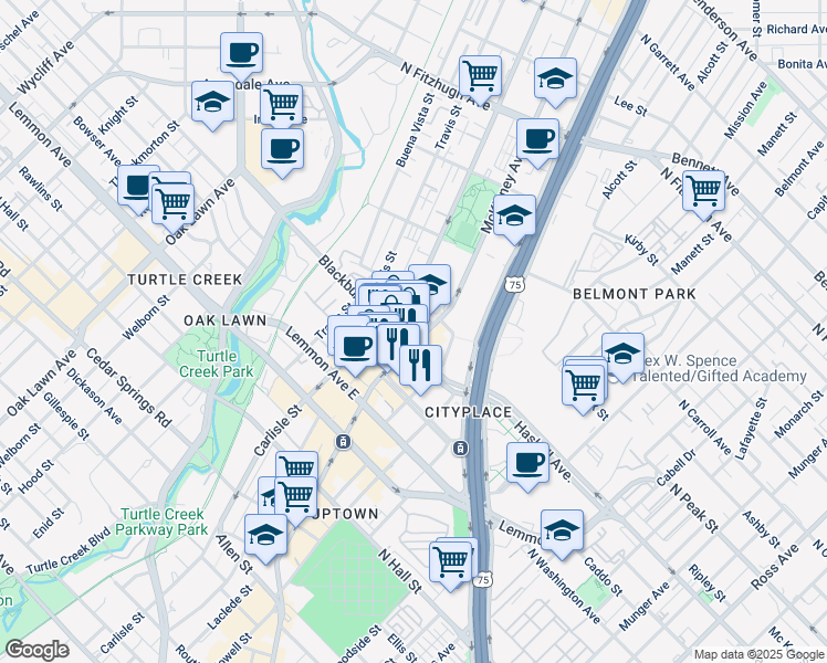 map of restaurants, bars, coffee shops, grocery stores, and more near 3100 North Haskell Avenue in Dallas