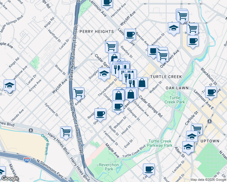 map of restaurants, bars, coffee shops, grocery stores, and more near 2910 Reagan Street in Dallas