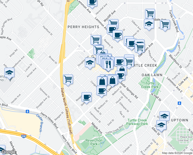 map of restaurants, bars, coffee shops, grocery stores, and more near 2910 Reagan Street in Dallas