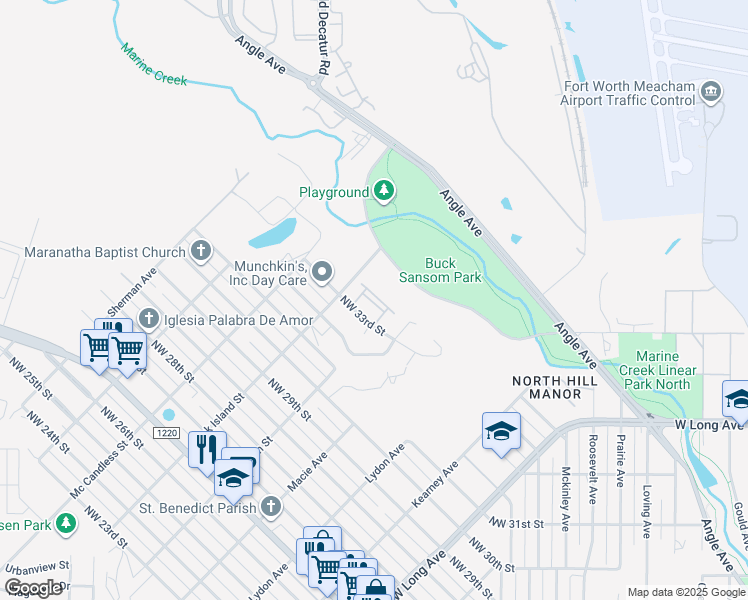 map of restaurants, bars, coffee shops, grocery stores, and more near 3128 Northwest 33rd Street in Fort Worth