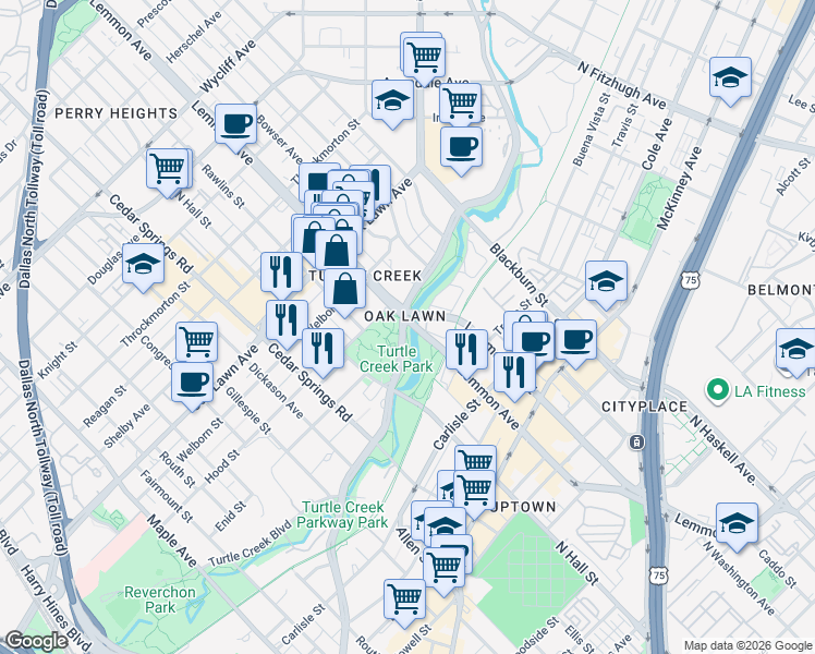 map of restaurants, bars, coffee shops, grocery stores, and more near Turtle Creek Trail in Dallas