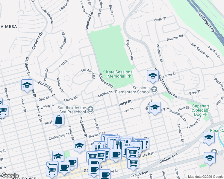map of restaurants, bars, coffee shops, grocery stores, and more near 1886 Malden Street in San Diego