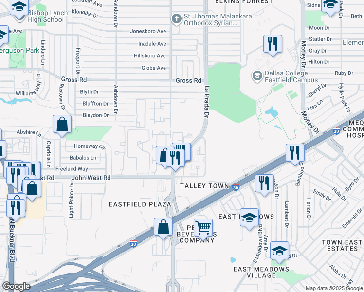 map of restaurants, bars, coffee shops, grocery stores, and more near 7431 La Prada Drive in Dallas
