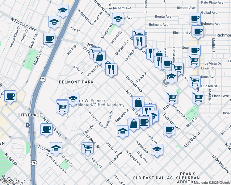 map of restaurants, bars, coffee shops, grocery stores, and more near 4808 Deere Street in Dallas